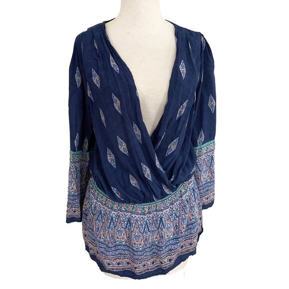 Black Note Surplice Blouse Top Blue Long Sleeve Deep V-Neck Geo Print Size M - Picture 1 of 4